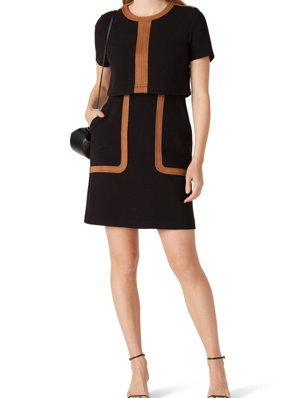 RTR - Toccin Black Mini dress Tan Trim -fully lined Sz 4 - Picture 5 of 14